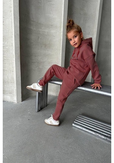 Üç İplik Kapüşonlu Yeni Sezon Şardonlu Takım Mürdüm