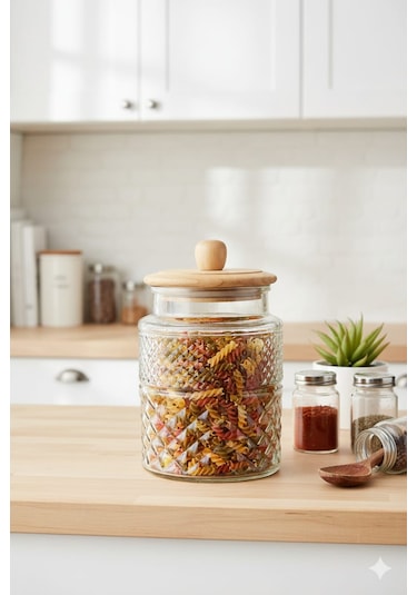 Themia Ahşap Kapaklı Cam Kavanoz & Erzak Saklama Kabı Seti 1800 Cc Vakum Kapak Şeffaf