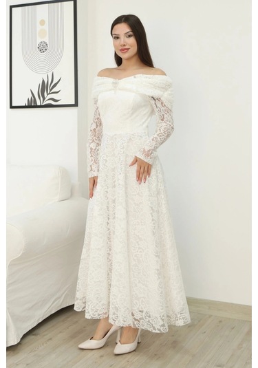 Aşkın Büyüsü Dantel Abiye Elbise 6055-beyaz Beyaz