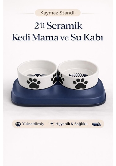 Premium Yükseltilmiş İkili Seramik Kedi Mama Ve Su Kabı