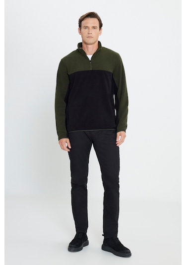 AC&Co / Altınyıldız Classics Erkek HAKI-SIYAH Anti-Pilling Tüylenme Yapmayan Standart Fit Bato Yaka İçi Polarlı Polar Sweatshirt 4A5221100015HSYXL