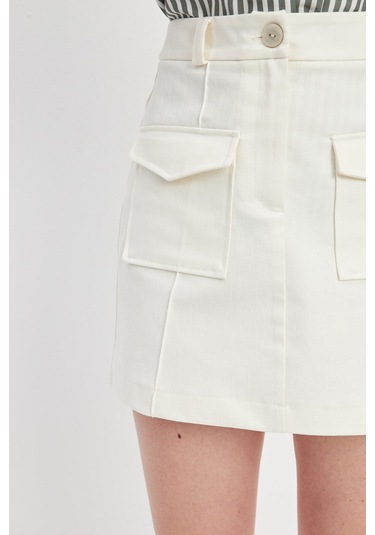 Stella Pulvis Krem Cepli Nervürlü Mini Etek Krem