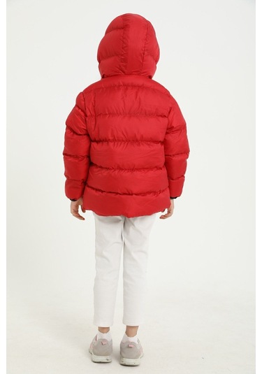 Freemen Kız Çocuk Kırmızı Polarlı Kürklü Kapüşonlu Su Geçirmez Rüzgara Dayanıklı Şişme Kışlık Mont Kırmızı