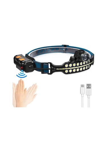 Fithome W690 7 Aydınlatma Modlu Xpe Cob Led Sensörlü Dahili Pilli Usb Şarj Edilebilir Kafa Feneri Mavi - Siyah