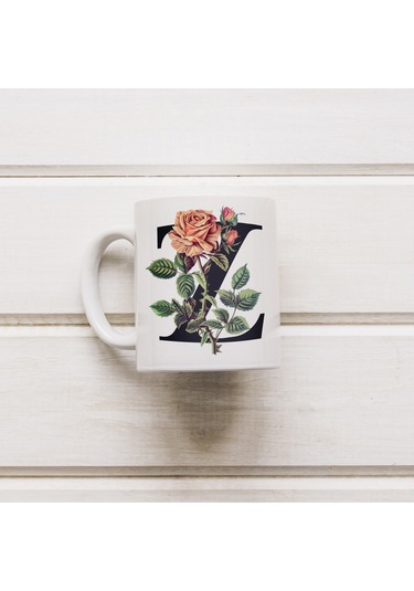 Z Baş Harf Kırmızı Güller İle Sarılı Bardak 330 Ml Kişiye Özel Çiçekli Hediye Beyaz