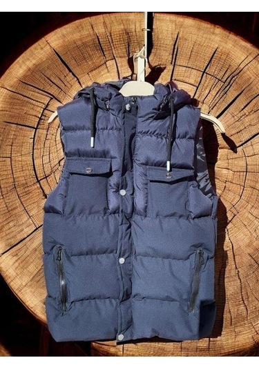 Çocuk Kapüşonlu Cep Detaylı Şişme Kalın Yelek-15008 Lacivert