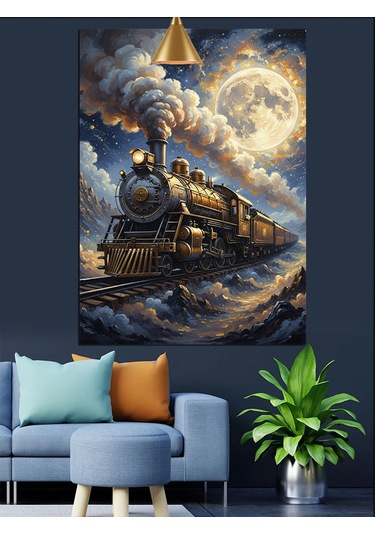 Gece,dolunay Ve Retro Kara Tren Dekoratif Kanvas - Mdf Ahşap Tablo