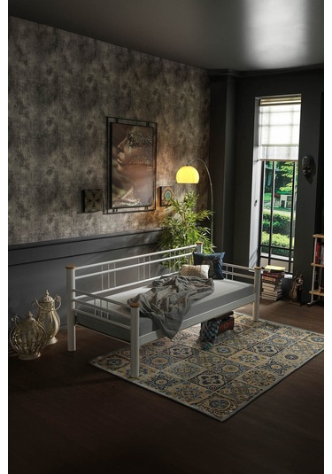 Kappis Daybed Tek Kişilik Sedir Metal Karyola 90x200 Beyaz Ahşap Latalı
