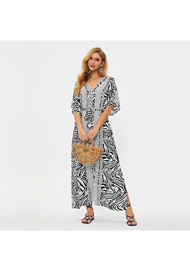 Edolynsa Plaj Cover Up Tunikler Plaj Baskı Şifon Uzun Kaftan Bikini Cover Up Robe De Plage Sarong Plaj Wrap Mayo Coverup Q1510 Beyaz