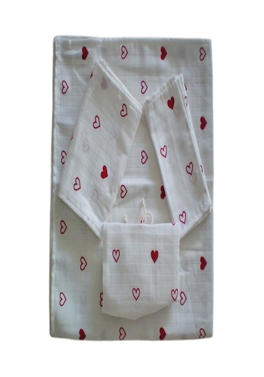 More Home Bebek Müslin Bez Battaniye Set 6 Parça Parça Kalpli Beyaz Kırmızı Beyaz - Kırmızı