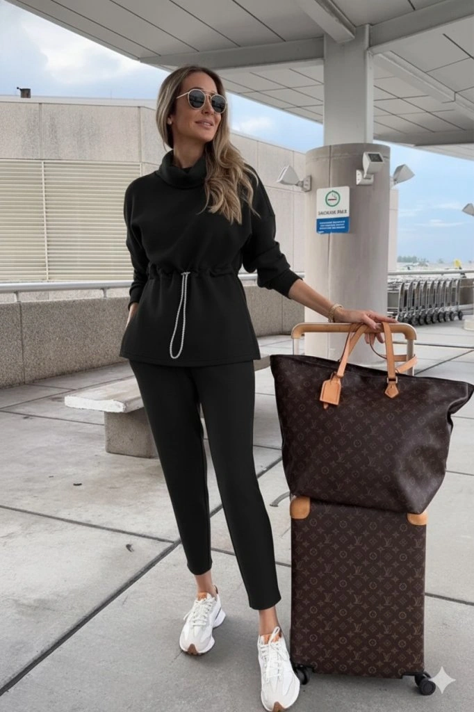 Tua Moda Kadın Uzun Kollu Balıkçı Yaka Belden Lastikli Modal Bluz Ve Pantolon Ikili Takım Siyah