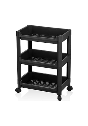 Flosoft 3 Katlı Tekerlekli Düzenleyici Raf, Mutfak Banyo Temizlik Katlı Organizer 22x36x48cm Siyah Siyah