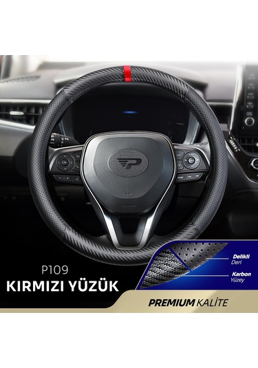 Panda Oto Direksiyon Kılıfı - Delikli Deri / Karbon / Yüzüklü-kırmızı