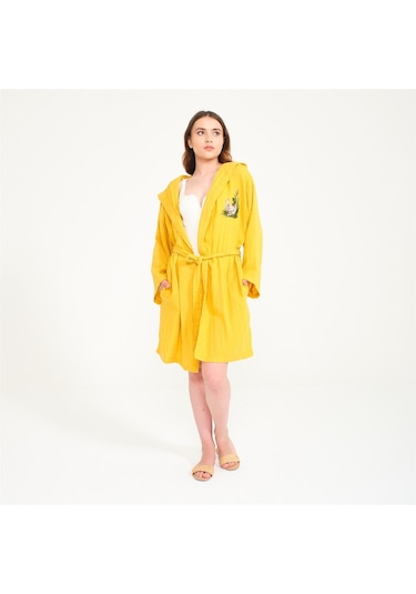Ördek Nakışlı Kısa Kapüşonlu Müslin Kadın Bornoz-Sarı