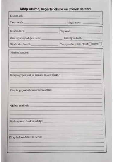Kitap Okuma Değerlendirme Ve Etkinlik Defteri Özet Defteri 1 Adet Kitap Özet Defteri