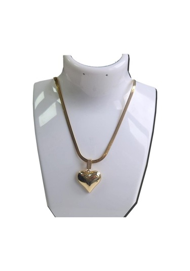 Çelik Kolye İtalyan Zincirli Kalpli Kolye Sarı