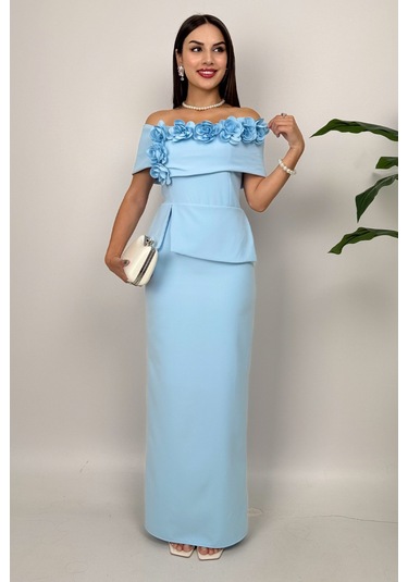 Vivenza Gül Detaylı Omuz Açık Kayık Yaka Uzun Mavi Abiye Elbise, Nişan Ve Davet Zarafeti Mavi