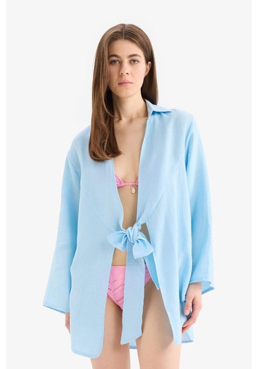 DeFacto Müslin Önden Bağlamalı Plaj Gömleği-Fall in Love B7333AX25SMBE509 Mavi