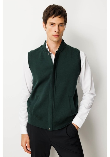 Erkek Hakim Yaka Çelik Örgü Yün Yelek Yeşil Yeşil