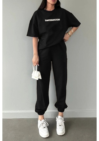 Thatssofetch T-shirt Eşofman Altı Jogger - Siyah Baskı Alt Üst Eşofman Takımı Oversize Bisiklet Yak Siyah