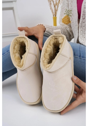 Muggo Hug Kalın Taban İçi Tüylü Günlük Mini Yarım Kadın Bot Bej