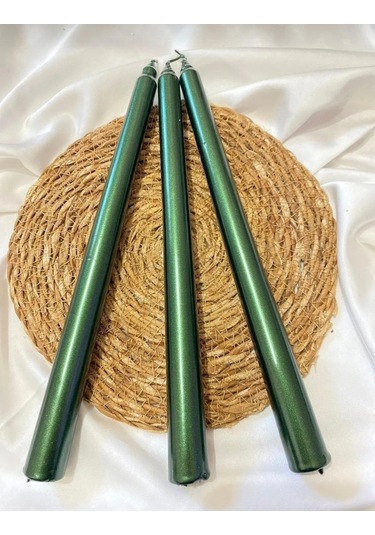 Denic 3 lü Metalik Yeşil  Şamdan Mum Konik Mum