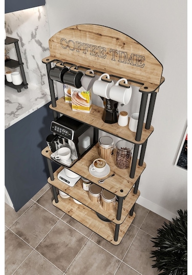 Coffee Time Dekoratif Kahve Standı Çok Amaçlı Dolap Meşe Meşe
