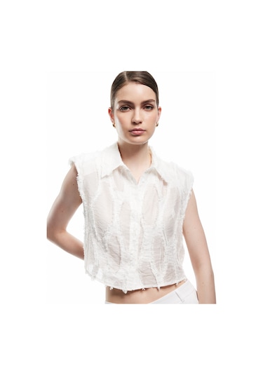 Koton Koton X Melis Ağazat - Viskon Kumaş Astarlı Dokulu Klasik Yaka Kolsuz Crop Gömlek Kırık Beyaz 5sak60422uw Ekru