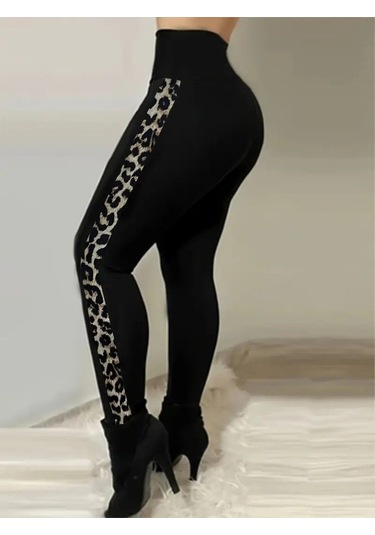 Kadın Yüksek Bel Yan Şerit Detaylı Dalgıç Tayt Leopar