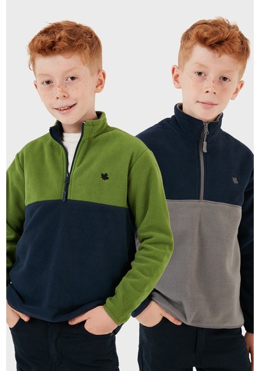 Lela Yumuşak Dokulu Yarım Fermuarlı Renk Bloklu Dik Yaka 2'Li Paket Çocuk Polar 5905004S2 Lacivert Gri-Yeşil Lacivert
