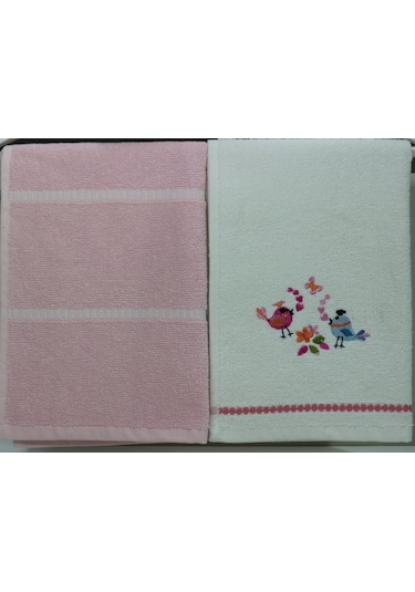 35x50 Kuş Nakış 2'li Hediyelik Havlu Seti El Yüz Mutfak Peçetesi Pembe - Beyaz