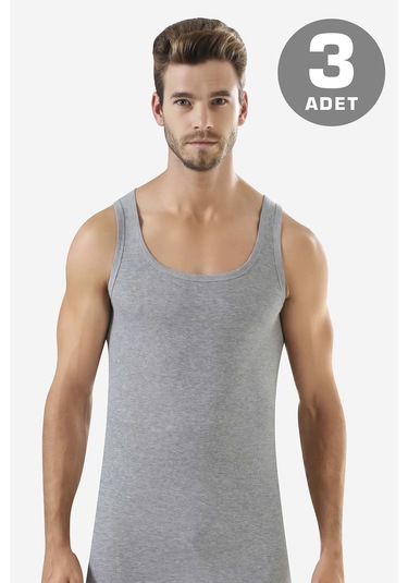 Erkek Gri Ribana Atlet 3'lü Paket %100 Pamuklu Gri