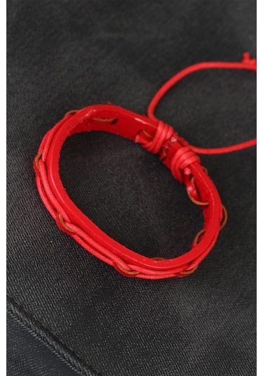 Ezoconcept Kırmızı Renk Ayarlamalı İpli Deri Erkek Bileklik Çok Renkli