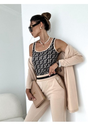 Modasize Kadın Uzun Kollu Krep Üçlü Takım Bej