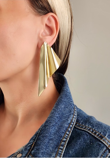 Eva Takı Store Yelpaze Dalga Model Büyük Boy Marjinal Gold Küpe