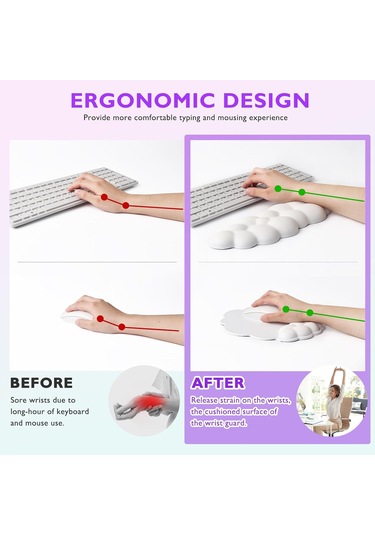 Beyaz Bulut Bilek Destekli Oyun Klavyesi Ve Mouse Pad'i, Şık Hafızalı Köpük Mouse Pad Bilek Desteğiyle Bileğinize Ve Elinize Ekstra Konfor Sağlar