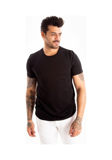 Deepsea Siyah Erkek Dar Kesim Basic Tişört 1801131-Siyah