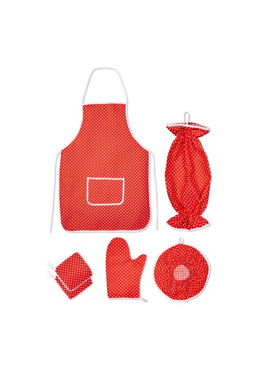6 Parça Mutfak Seti & Mutfak Önlüğü , Fırın Eldiveni , 2li Tutacak , Organizer Poşetlik , Demlematikkırmızı Puantiye