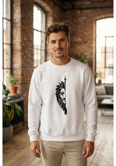 Sevgililer Günü Özel Bisiklet Yaka Aslan Baskılı Oversize Sweatshirt - Beyaz