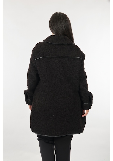 Ekol Düz Yaka Büyük Beden Cepli Uzun Kollu Siyah Kadın Manto 2220 001