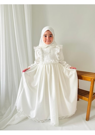 Kız Çocuk Tesettür Elbisesi Merasim Elbisesi,başörtülü Takım 3-12 Yaş Uygun Beyaz