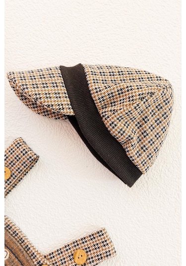 Vintage Desenli Şapkalı Erkek Bebek Tulum Salopet Takım 001