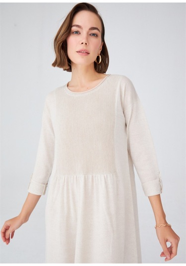 Peraluna Bol Kesim Uzun Kadın Triko Elbise Ekru Melanj Ekru