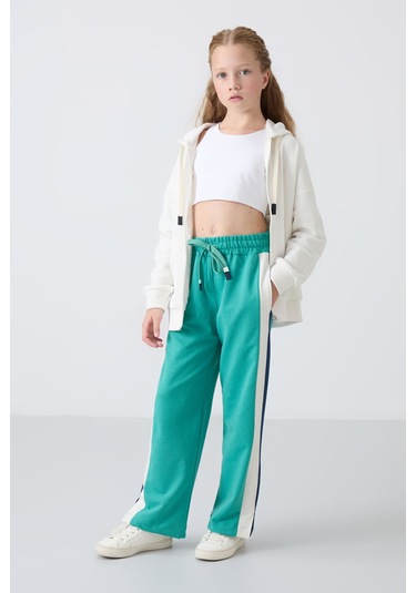 Tommy Life Deniz Yeşil Yırtmaç Detaylı Cepli Geniş Paça Kız Çocuk Eşofman Alt - 75141 Yeşil