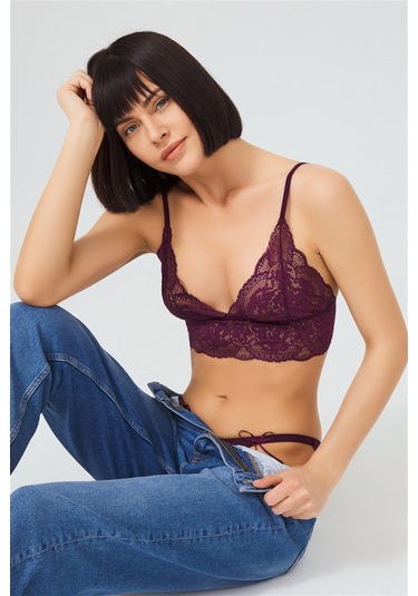 Mürdüm Dantelli Transparan Balensiz Kadın Sütyen Takımı MÜRDÜM