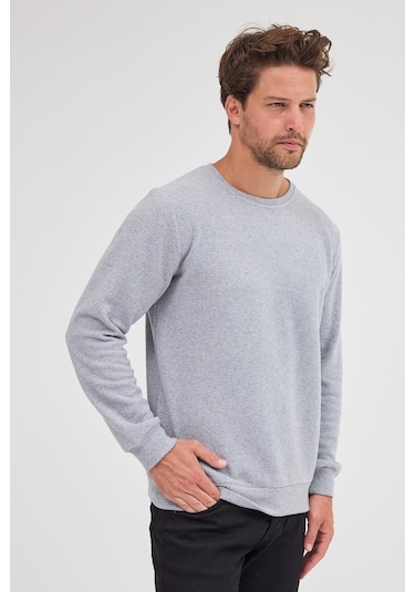 Comeor Erkek Gri Fit Normal Kesim Pamuklu Basic Bisiklet Yaka Sweatshirt Gri