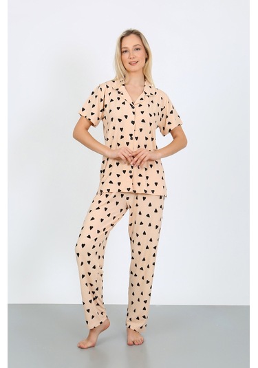 Nisanca Kısa Kollu Milan Gömlek Pijama Takımı- Genç Anne Serisi Bej