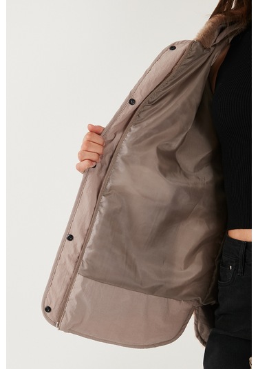 Lela Comfort Fit Kapüşonlu Yumuşak Dokulu Bayan Mont 497Holly Bej