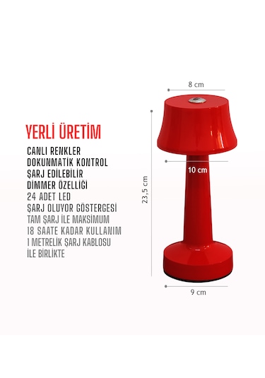 Zenlight Metal Dokunmatik Şarjlı Masa Lambası 320-1 Kırmızı