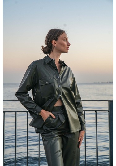 Kadın Suni Deri Gömlek Ceket Yeşil Frn6108 Yeşil